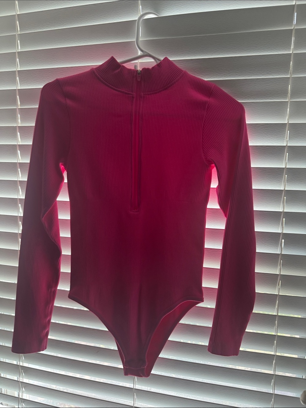 Women’s Long Sleeve Ribbed One-Piece Bodysuit in Fuchsia Pink